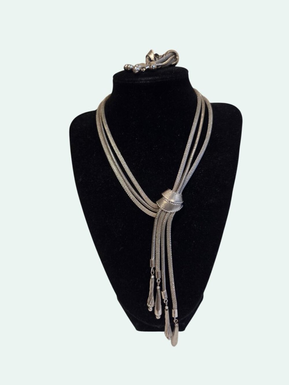 Vintage Multi-Strand Lariat Silver Necklace & Clip-On Earrings Set With Tassels